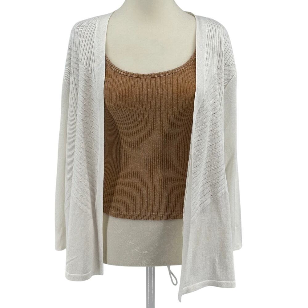 Retrology Cardigan Sweater WMNS L Open Front White 3/4 Sleeves Knitted Dress Top